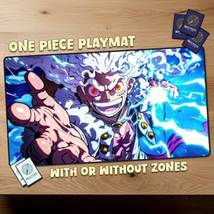 Puede incluir: Alfombrilla de juego One Piece rectangular con un personaje de anime dinámico con cabello blanco y ojos rojos, rodeado de energía azul. El texto dice "ONE PIECE PLAYMAT" y "WITH OR WITHOUT ZONES". Incluye fundas para cartas.