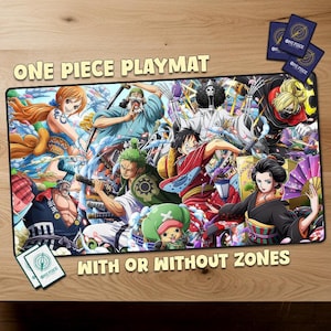 May include: A rectangular playmat featuring a colorful collage of anime characters. The words "ONE PIECE PLAYMAT" and "WITH OR WITHOUT ZONES" are printed on the mat. Several small cards with the "ONE PIECE" logo are also visible.