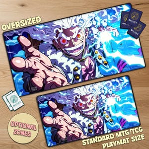 May include: Oversized and standard MTG/TCG playmats featuring a vibrant anime character with white hair, red eyes, and a wide grin. The mats have a blue and white background with the text "ONE PIECE" and "OPTIONAL ZONES".