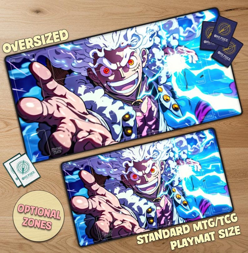 May include: Oversized and standard MTG/TCG playmats featuring a vibrant anime character with white hair, red eyes, and a wide grin. The mats have a blue and white background with the text "ONE PIECE" and "OPTIONAL ZONES".