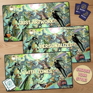 May include: Three rectangular gaming mats with colorful anime artwork, each with different text: "JUST ARTWORK", "PERSONALIZED", and "WITH ZONES". A circular sign says "CHOOSE YOUR STYLE!". Includes One Piece trading cards.