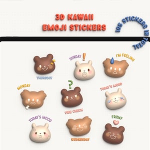 Pode incluir: Um conjunto de 105 adesivos emoji kawaii 3D com diferentes personagens de ursos e coelhos com expressões variadas. Os adesivos são projetados para uso em planejadores digitais, diários e outros projetos criativos.