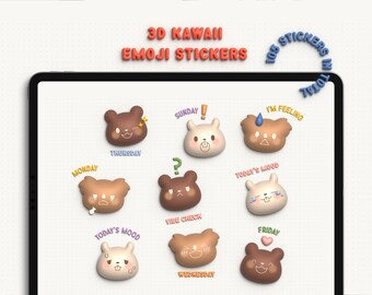 3D Kawaii Emoji Digitale Stickers: Schattig Puffy Planner Sticker Boek voor GoodNotes, Kawaii Gezichten, Beer, Koala, Hamster Sticker voor Mood Tracker