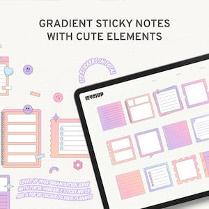 May include: A digital tablet screen displaying a set of 16 gradient sticky notes with cute elements. The notes are in various shapes and sizes, with different patterns and colours. The text "123 STICKERS IN TOTAL" is visible in a circle on the screen. The text "LEVEL UP YOUR ORGANISATION GAME WITH THESE ADORABLE STICKY NOTES, ADD A POP OF COLOUR TO YOUR PLANNER" is visible at the bottom of the screen.