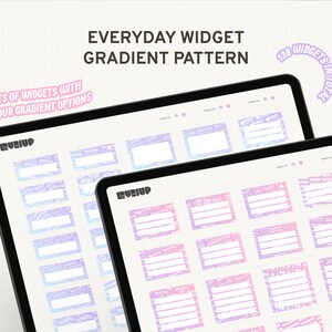 May include: Two digital screens displaying a set of 138 gradient patterned widgets for everyday use. The widgets are in two color gradients, pink and purple, and feature text like "Morning Routine" and "Daily Gratitude".