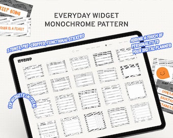 Unieke dagelijkse digitale widgetstickers voor planner, strak en eenvoudig ontwerp met tekstpatronen, monochroom voorgesneden stickerboek