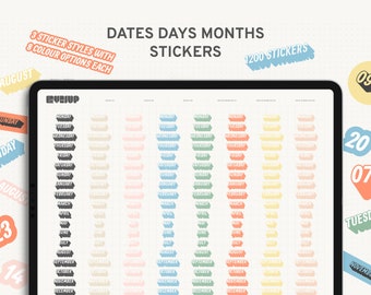 Datums Dagen Maanden Labelstickers, Kalender Essentiële Stickers, Digitale Stickers voor GoodNotes, Etiketten voor ongedateerde Planner, iPad Stickers Kit