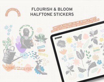 Halftooncollage digitale stickers voor planner, bloeien en bloeien - bloemen abstract pastelpatroon stickerboek, decoratieve dagelijkse planning PNG