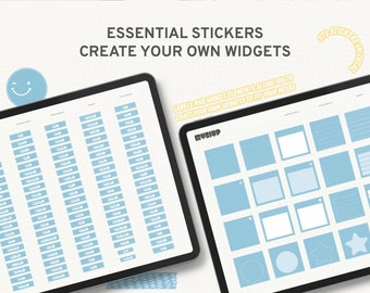 Essentieel pastelblauw stickerboek: maak je eigen widgets, digitale planner-stickers voor GoodNotes, functionele en decoratieve stickers