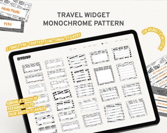Unieke Travel Widget-stickers voor Goodnotes Planner, strak ontwerp met tekstpatronen, monochroom voorgesneden stickerboek, reisplanner