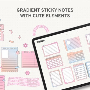 Può includere: Uno schermo di tablet digitale che mostra un set di 12 note adesive con sfumature e elementi carini. Le note sono rosa, blu e bianche con diversi design, tra cui un calendario, una lista di controllo e una nota rigata. Il testo sullo schermo dice "123 Stickers in Total" e "Level up your organisation game with these adorable sticky notes, add a pop of colour to your planner."