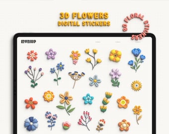 3D Flower Digital Stickers: schattig gezwollen transparant bloemenstickerboek voor GoodNotes, decoratieve bloemen png-stickers voor planners