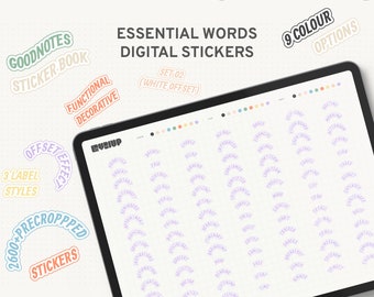 Essential Words-stickerboek: veelzijdige ontwerpelementen | Digitale stickers voor GoodNotes | Functioneel & Decoratief | iPad-stickers | Stel 02 in