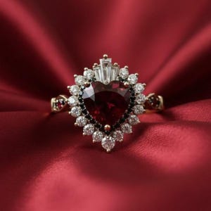 May include: A gold ring featuring a large heart-shaped dark red gemstone at the center, surrounded by a halo of small round white stones and black stones, with three baguette-cut white stones at the top and small red stones on the band.