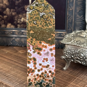 Orbicular Ocean Jasper Tower: Pink, Orange, Green Flowers, Collector&#39;s Piece