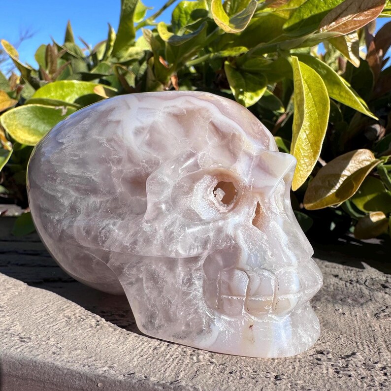 Puede incluir: Una escultura de calavera de &aacute;gata blanca con detalles intrincados. La calavera est&aacute; tallada en una piedra de &aacute;gata natural y presenta una apariencia transl&uacute;cida y nublada.