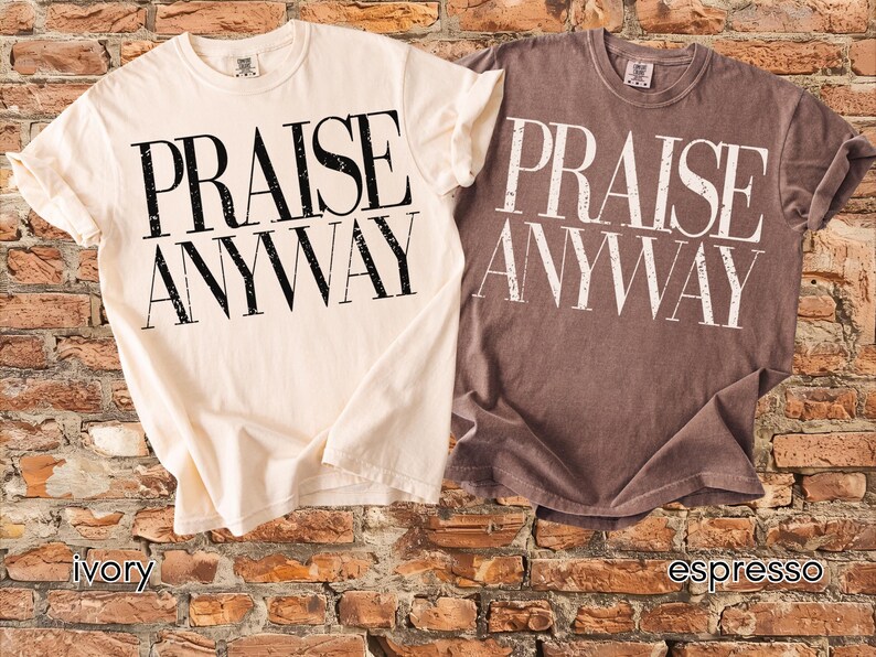 May include: Two short-sleeved t-shirts, one ivory and one espresso, are displayed. Each shirt has the words "PRAISE ANYWAY" printed in large, bold, black and white letters. The shirts are folded and placed on a brick background.