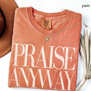 May include: A coral-colored t-shirt with the words "PRAISE ANYWAY" in large, white, block letters. A gold necklace with a pendant rests on the shirt. A brown hat and dried palm leaf are also in the image.