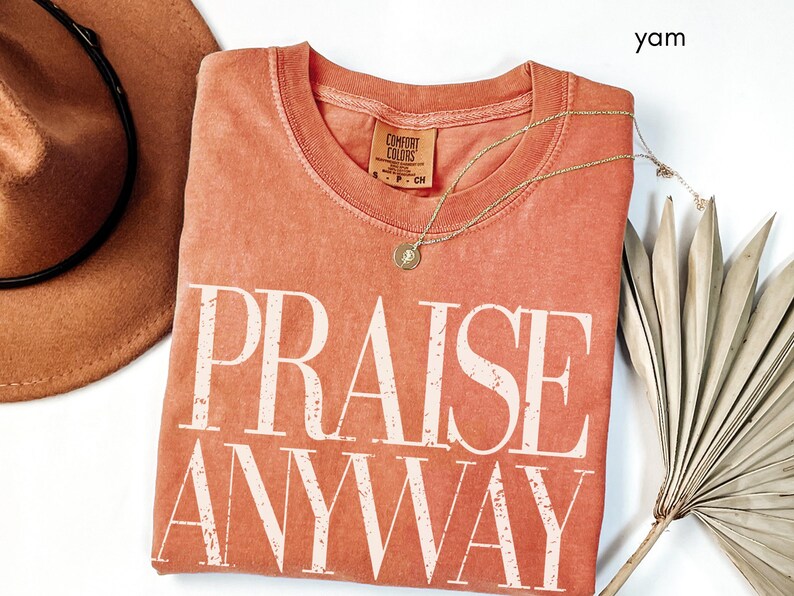 May include: A coral-colored t-shirt with the words "PRAISE ANYWAY" in large, white, block letters. A gold necklace with a pendant rests on the shirt. A brown hat and dried palm leaf are also in the image.
