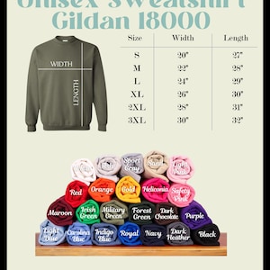 May include: A Gildan 18000 unisex sweatshirt size chart showing width and length measurements in inches for sizes S through 3XL, alongside a stacked display of rolled sweatshirts in various colors labeled with names like White, Red, and Black.