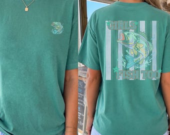 Girls Fish Too Shirt, Retro Bass Fish Comfort Colors Tee, Women's Fishing Shirt, Lake Life Graphic Tee, Coastal Summer Gift, Fishing Lover