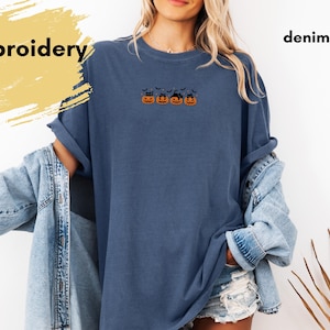 Embroidered Halloween Shirt: Black Cat Pumpkin Tee - Spooky Season