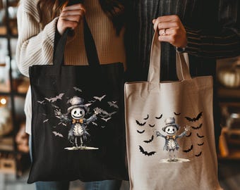 Jack Skellington Halloween Tote Bag, Spooky Bat Design