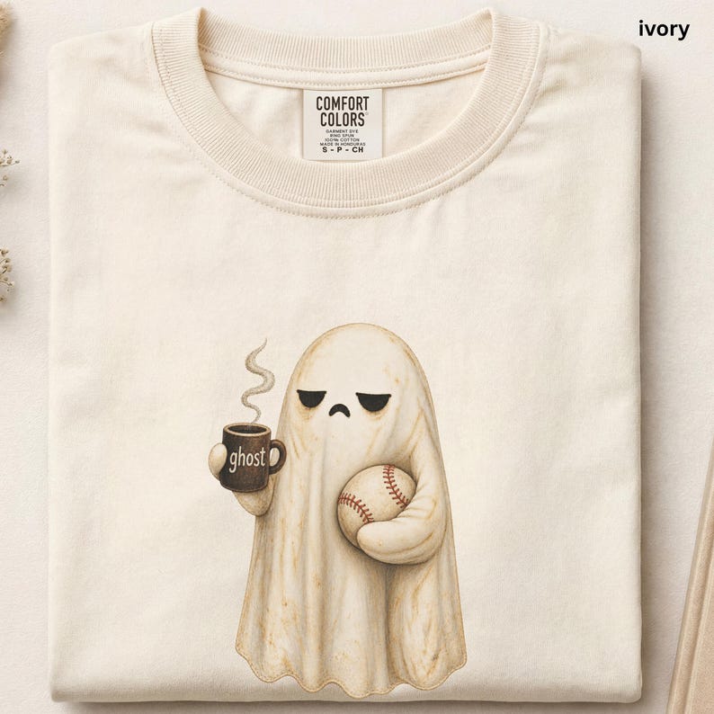 May include: An ivory t-shirt featuring a graphic of a sad-faced ghost holding a brown mug with the word ghost printed on it and a baseball. The shirt has a crew neckline and a Comfort Colors brand label printed on the inside of the collar area.