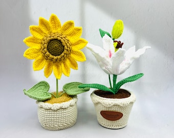 Thanksgiving gift Crochet Sunflower Pot, Lily, Potted Flower Decor, Unique Gift, Knitted Plants for Home  Office, Perfect Housewarming Gift