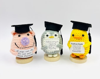 Graduation gift Positive Crochet Dolls Positive Penguin, Duck & Pig  Handmade, Gift-Ready Motivational Plush, Encouragement gift for friends