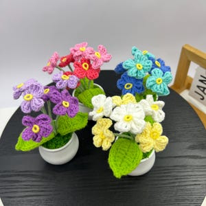 May include: Crocheted flower arrangements in small white pots. The flowers are in shades of pink, red, purple, blue, yellow, and white, with green leaves. The flowers have yellow centers. The pots sit on a dark surface.