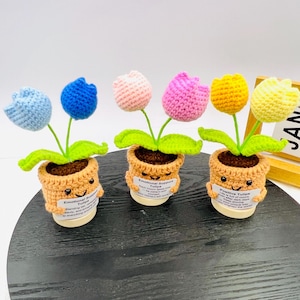 Pode incluir: Quatro vasos de tulipas de crochê com rostos felizes. Cada vaso tem uma flor de cor diferente e uma etiqueta com uma mensagem. As etiquetas dizem "Tulipanes de apoio emocional", "Tulipanes positivos", "Tulipanes de expressão emocional" e "Tulipanes de apoio emocional".