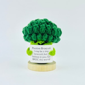 Puede incluir: Un personaje de brócoli de crochet sosteniendo un cartel que dice "Positive Broccoli I may be a tiny broccoli, but I believe in you. Go BROC the world!"