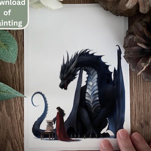 Fantasy Art- Wächter des Wissens - Illustration, Fantasy Kunst, Drachen Kunst, Buch Geschenk, Buchliebhaber, Schlafzimmer Wand Dekor Digital DRUCKBAR