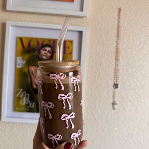 Pink Bows Glass Iced Coffee Cup: Bamboo Lid & Glass Straw - Etsy