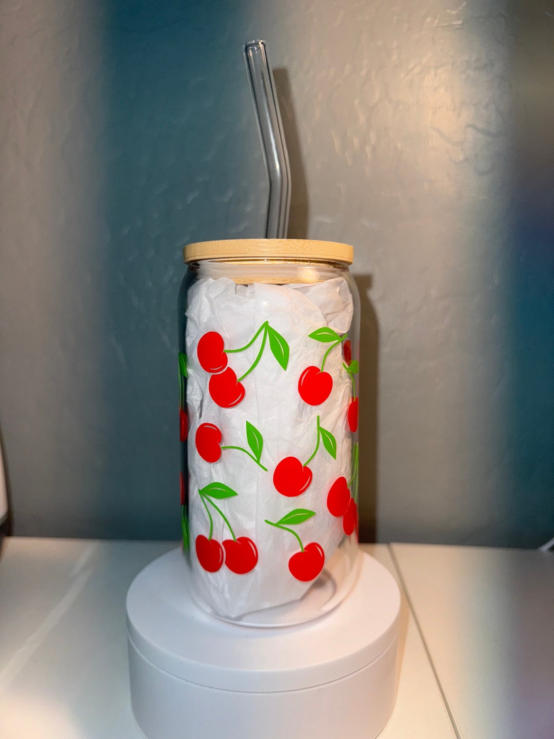 Cherries Glass Cup / 16oz Glass Cup / Glass Cup With Bamboo Lid and ...