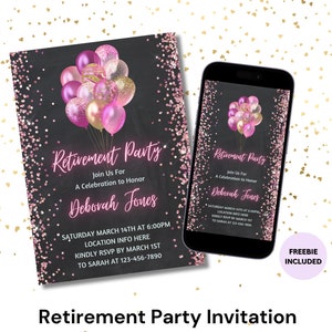 Faire-part fête de célébration de la retraite rose Faire-part de fête de retraite rose - Invitation imprimable - Invitation numérique mobile modifiable
