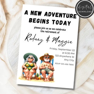 Op de afbeelding: Een witte kaart met zwarte tekst die een pensioenfeest voor Rodney en Maggie aankondigt. De kaart bevat een cartoonafbeelding van een stel op strandstoelen. De tekst luidt "Een nieuw avontuur begint vandaag" en bevat de datum, tijd en locatie van het feest.