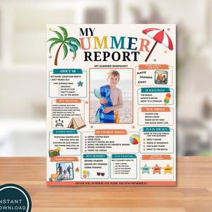 Puede incluir: Una hoja de actividades My Summer Report con una foto central de un niño, secciones para About Me, Best Adventure, Funniest Moment, Favorite Things, Best Memories y New Things, decorada con iconos de palmeras, sombrillas y playa.