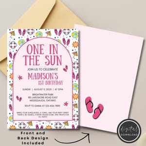 Pink One in the Sun Birthday Party Invitation Template - First Birthday Party Printable Summer Birthday Party for Kids Birthday Party