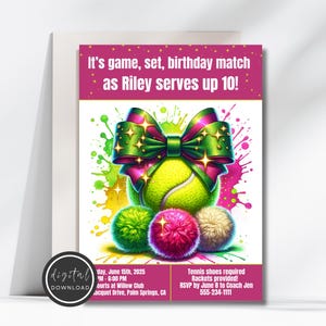 Editable Tennis Birthday Invitation for Pre-Teen Girl - Printable Sport Theme - Custom Party Template - Instant Download Tennis Invite
