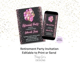 Faire-part de fête de célébration de la retraite Faire-part de fête de retraite rose - Invitation imprimable - Invitation numérique mobile modifiable