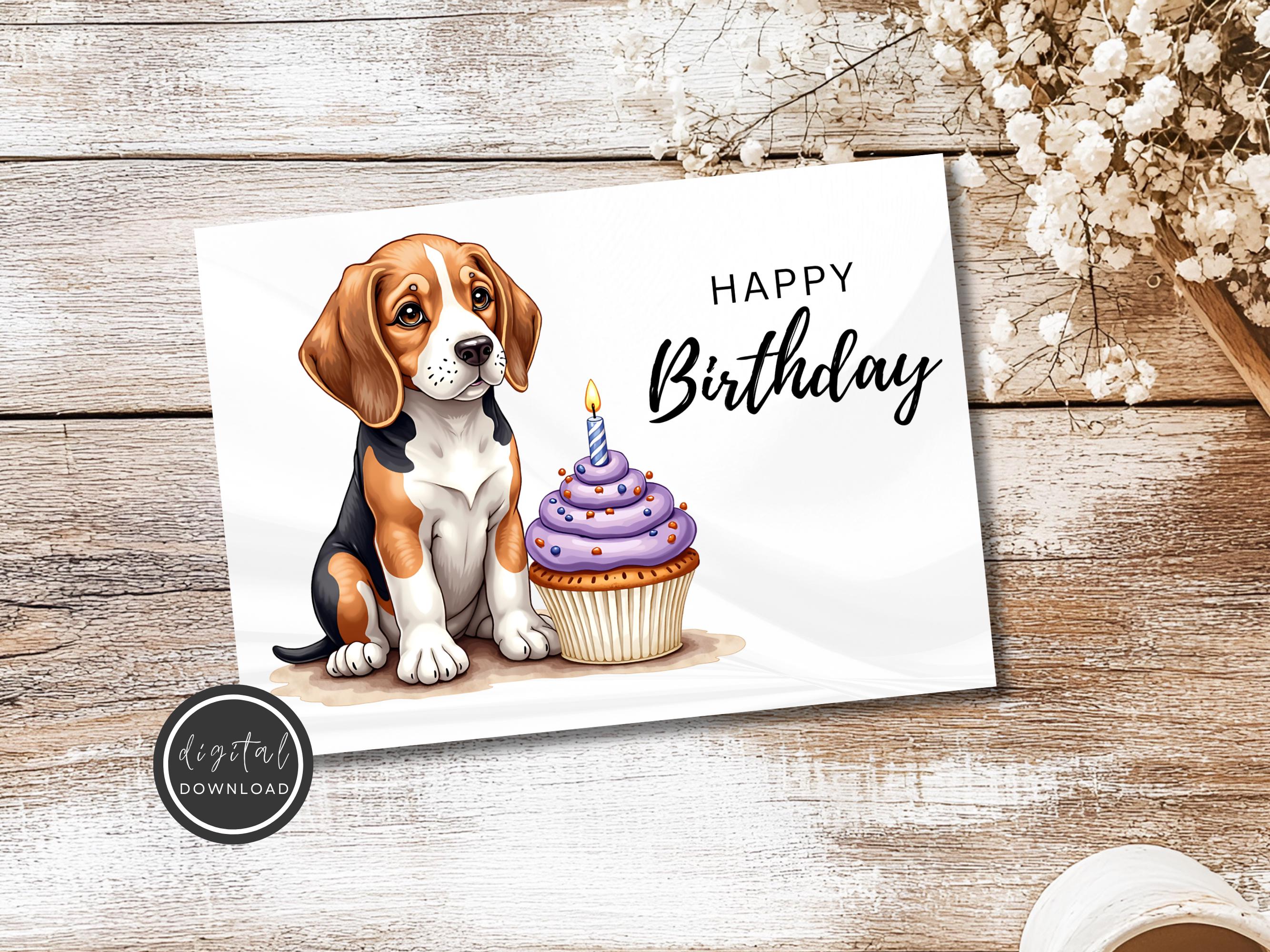 Happy Birthday Card - Printable Birthday Card Featuring a Cute Beagle Dog and a Cupcake -  DIGITAL Download - Printable Card Download