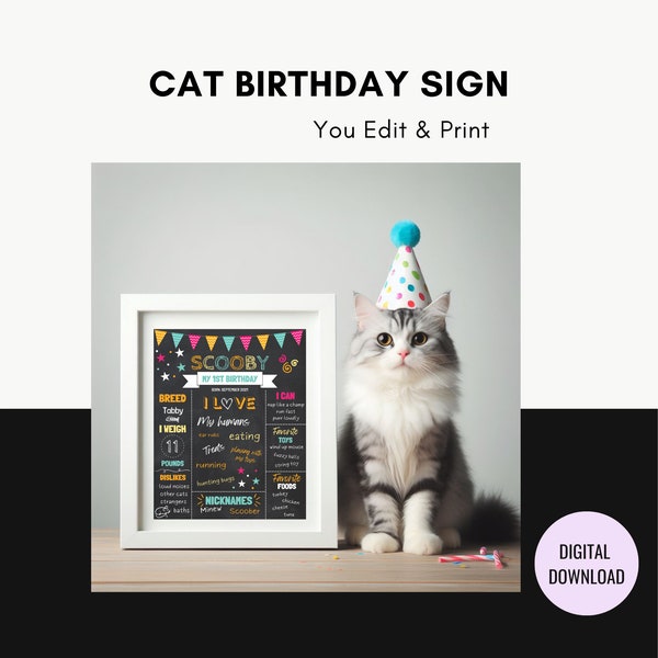 Cat Birthday Chalkboard Sign, Cat Milestone Birthday Board, Photo Prop for Cats, Cat Mom Gift Reusable Kitten Cat Pet Birthday Sign