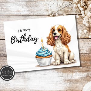 Happy Birthday Card - afdrukbare verjaardagskaart met schattige hond en cupcake - DIGITALE download - afdrukbare gelukkige verjaardagskaart