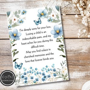 Afdrukbare condoleancekaart met blauwe bloemen bij verlies van kind - digitale download - zelf afdrukken met instructies - condoleancekaart voor ouder