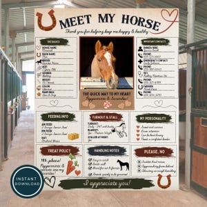May include: A Meet My Horse information sign featuring a central photograph of a brown horse, sections for horse details, important contacts, feeding info, turnout, personality, treat policy, and handling notes with icons and text.