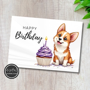 Tarjeta de feliz cumpleaños - Tarjeta de cumpleaños imprimible con un lindo perro Corgi y un cupcake - Descarga digital - Descarga de tarjeta imprimible