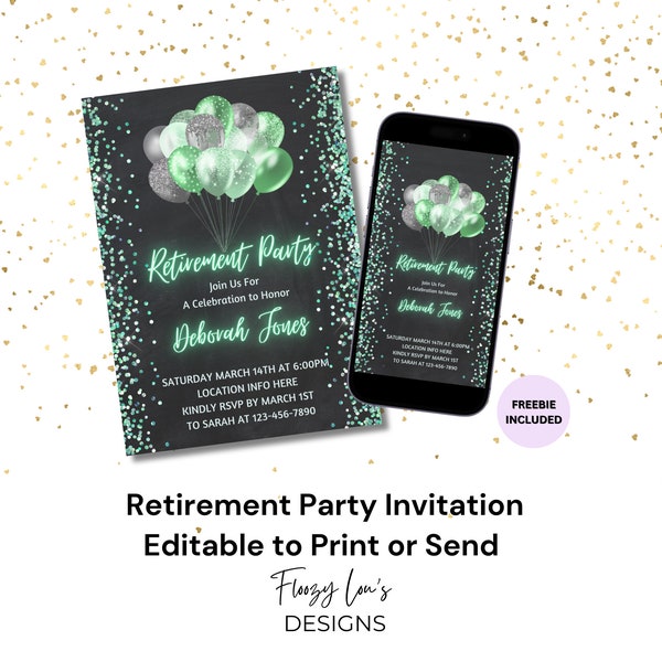 Retirement Celebration Party Invitation Mint Green Balloons Retirement Party Invite - Printable Invitation - Editable Mobile Digital Invite