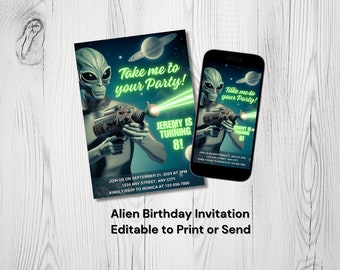 Alien Space Birthday Party Invitation - Editable Alien Invite - Printable Birthday Invitation - Digital Invitation Mobile Template